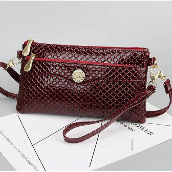 2/$30 Red Snake Skin Embossed Crossbody Bag Zipper Wristlet Clutch Phone Bag - Picture 6 of 10